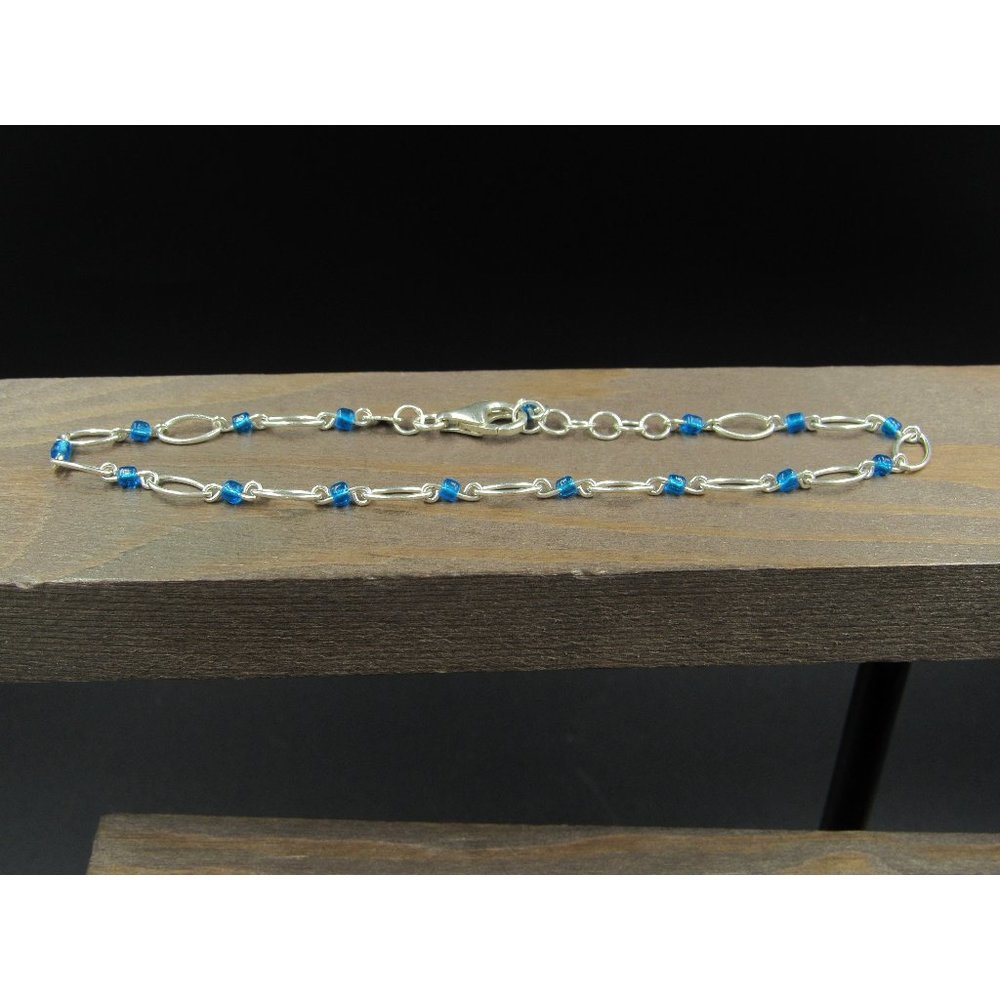 10" Sterling Silver Blue Beaded Chain Ankle Bracelet Vintage Elegant Beautiful - Picture 1 of 5